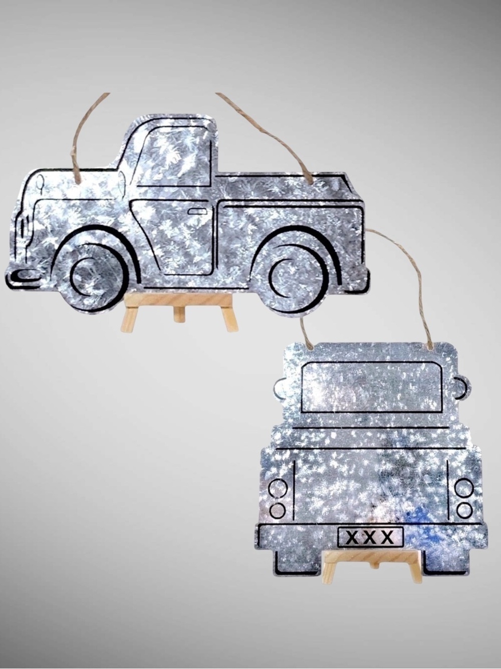 Farmhouse Trucks Wall Hangings Plaque Set Galvanized Silver Metal Set 2 PC